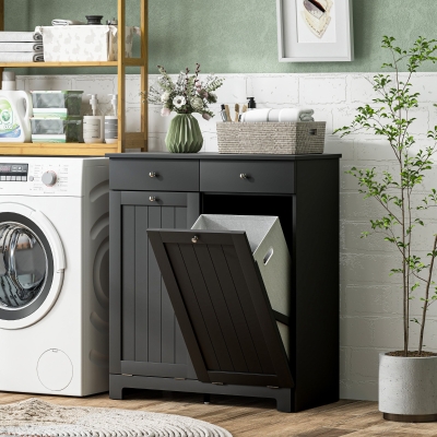 HOMCOM Laundry Cabinet, Tilt Out Laundry Hamper Cabinet with 2 Baskets, Bathroom Hamper Cabinet with 2 Drawers, Black