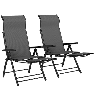 Outsunny Folding Patio Chairs Set of 2, 5-Position Outdoor Lounge Chairs with High Back, Retractable Footrest, Dark Grey