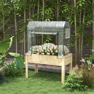 Outsunny Raised Garden Bed with Greenhouse Cover, 45x24x65", Natural