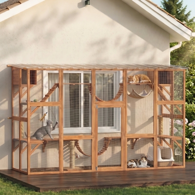 PawHut Large Outdoor Catio with Condos, Platforms, Doors, Ladders, Weather-Resistant Roof, Orange