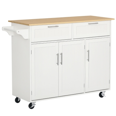 HOMCOM 48" Kitchen Island with Storage and Solid Wood Top, Rolling Kitchen Cart on Wheels with 2 Storage Drawers, 3 Doors and Towel Rack for Dining Room, White