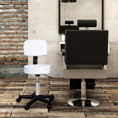 HOMCOM Rolling Stool with Wheels, Swivel Stool with Back Support, Adjustable Height, PU Leather Drafting Chair for Home Office, White