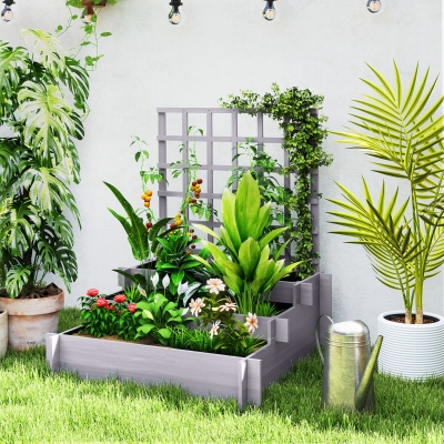 Outsunny Wooden Elevated Planter Box with Trellis for Climbing Plants, 3 Tier Raised Garden Bed for Garden, Outdoor, Grey