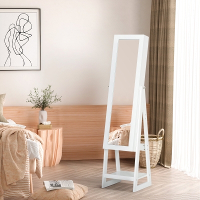 HOMCOM Jewellery Cabinet with Full-Length Mirror, Standing Jewelry Armoire with LED Light, White