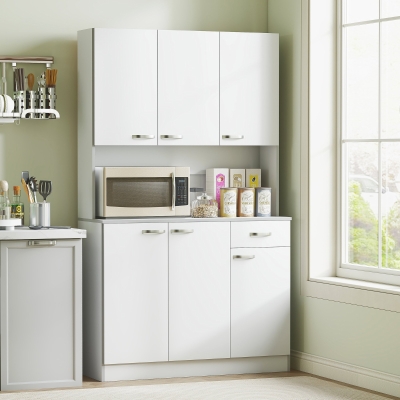 HOMCOM 71" Modern Buffet with Hutch, Standing Kitchen Hutch with Storage Cabinets, Drawer, Open Space with Microwave Stand, White
