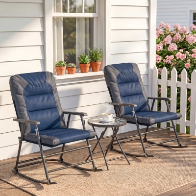 Outsunny 3pc Patio Foldable Rocking Chair Set, Outdoor Rocking Chairs and Table Bistro Set w/ Padded Seat, Headrest, Backrest for park, backyard, garden, Blue