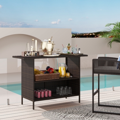 Outsunny Wicker Outdoor Bar Table, PE Rattan Bar Height Patio Table with 2 Shelves, Steel Frame for Garden, Backyard, Dark Brown