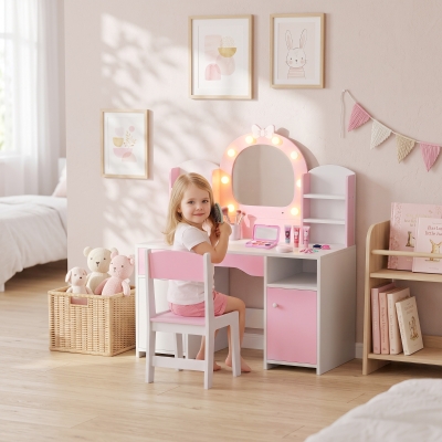 Qaba Kids Vanity Set, Toddler Dressing Table and Chair Set  with Lighted Bow Mirror, Cabinet, Drawer and Shelves, Pink