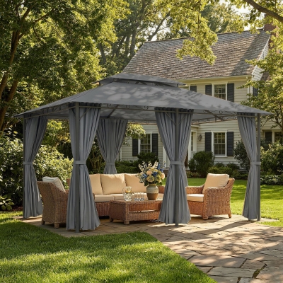 Outsunny 13'L x 10'W x 8.7'H Patio Gazebo Outdoor 2-Tiers Garden Canopy Yard Sunshade Shelter with Curtains, Grey