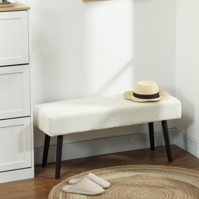 HOMCOM 39" Upholstered Ottoman Bench, Corduroy Entryway Bedroom Bench with Padded Seat and Steel Legs for Bedroom, Cream White