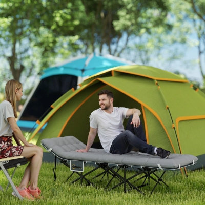 Outsunny 25.6" Wide Folding Bed, Camping Cot for Adults with Mattress, Carry Bag, Storage Pocket, Max Load 330 LBS, Light Grey