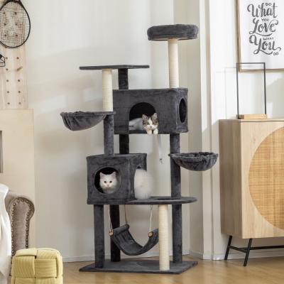 PawHut 66 Inch Large Cat Tree with 2 Door Condos, 3 Big Hammocks, Plush Top Perch, Sisal Scratching Posts, Dark Grey