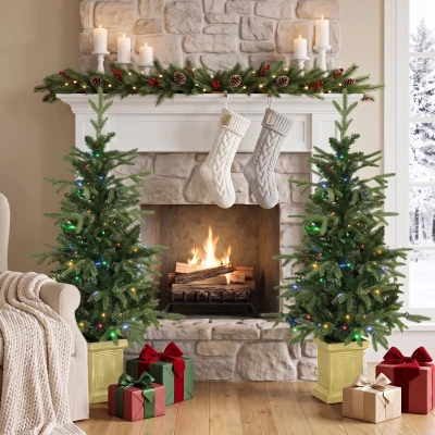 HOMCOM 4ft Prelit Aspen Fir Christmas Tree Set, Dual-Color LEDs, Remote