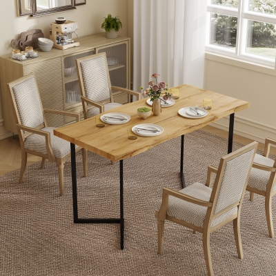 HOMCOM Dining Table Thick Top Kitchen Table Black Alloy Legs Oak Wood Grain