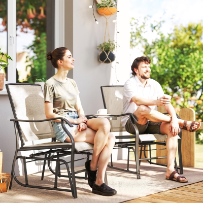 Outsunny Double Patio Glider Chair with Glass Top Center Table, Outdoor Glider Loveseat with High Back,  All Weather Breathable Mesh Fabric for Garden, Backyard, Deck, Light Brown