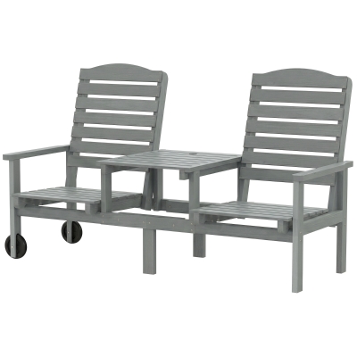 Outsunny Outdoor Bench with Wheels and 3-Position Adjustable High Back, 2 Seater Outdoor Loveseat with Umbrella Hole, Grey