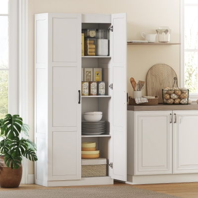 HOMCOM 71" Tall Farmhouse Pantry Cabinet, Kitchen Pantry Storage Cabinet with Soft-Close Hinges, Adjustable Shelves, White