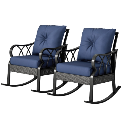 Outsunny 2-Piece Outdoor Wicker Rocking Chairs, Blue Cushions
