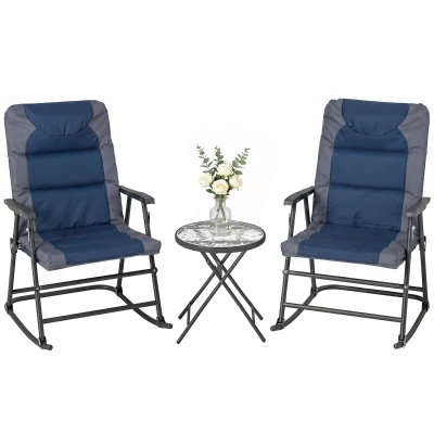 Outsunny 3pc Patio Foldable Rocking Chair Set, Outdoor Rocking Chairs and Table Bistro Set w/ Padded Seat, Headrest, Backrest for park, backyard, garden, Blue