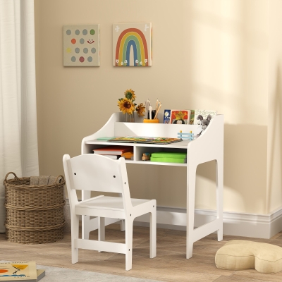 Qaba Kids Desk and Chair Set with Storage, Shelves for Bedroom, 3-8 Years Old, White