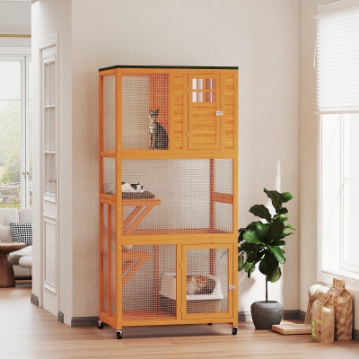 PawHut 74" Wooden Outdoor Cat House Weatherproof & Wheeled with High Weight Capacity, Kitten Cage Condo, Orange