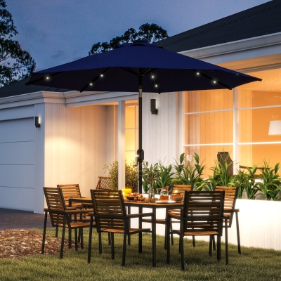 Outsunny 9ft Solar Patio Umbrella Outdoor Sunshade 24 LED Lights Tilt Canopy Navy Blue