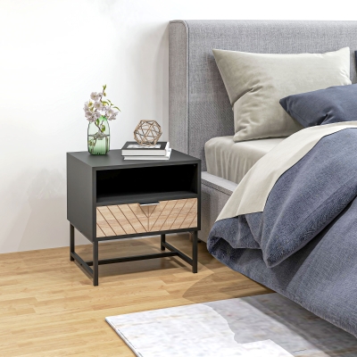 HOMCOM Modern Bedside Table with Drawer, Nightstand with Storage Shelf, Sofa End Table for Bedroom, Black and Oak