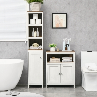 kleankin 2-Piece Bathroom Furniture Set, Slim Bathroom Storage Cabinets with Doors and Shelves, Tall Bathroom Linen Tower and Small Bathroom Floor Cabinet, White