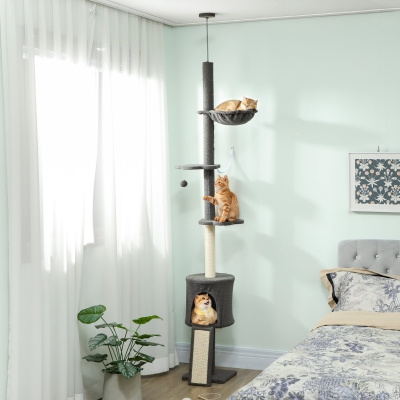 PawHut 87"-94.5" Floor to Ceiling Cat Tree with Sisal Scratching Post, Condo, Hammock, Ramp, Perches, Dark Grey