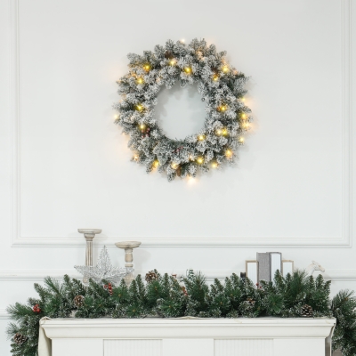 HOMCOM 24" Christmas Front Door Wreath with Lights Flocked Christmas Wreath with Pine Cones and Berries for Windows Green