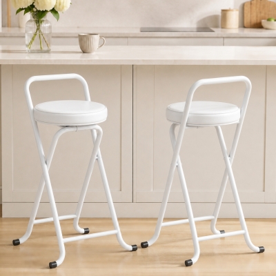 HOMCOM Foldable Bar Stools Set of 2, Folding Kitchen Chairs with PU Cushioned Seat, Footrest, White