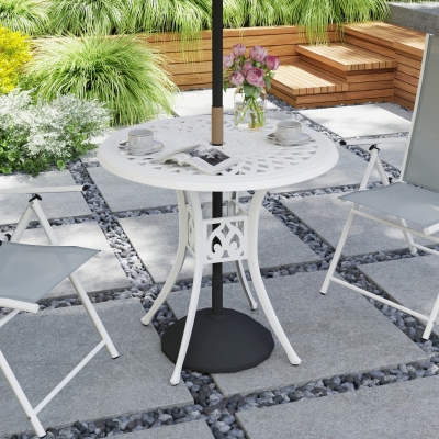 Outsunny 30-inch Round Patio Dining Table with Umbrella Hole Cast Aluminium Outdoor Bistro Table, White