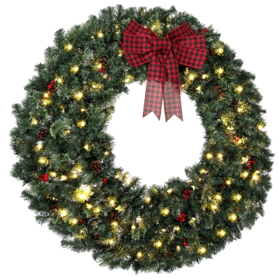 HOMCOM 48" Prelit Christmas Wreath with Bow, Red Berries, Pinecones