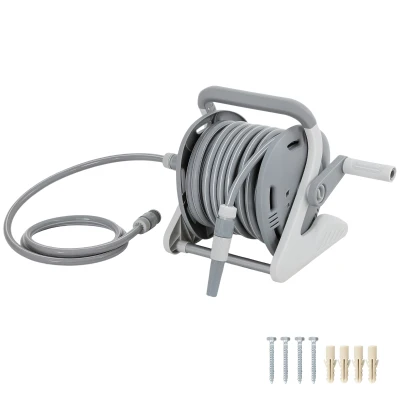 Outsunny Portable Garden Hose Reel, 1/2" x 66ft Wall Mounted Hose Reel with 2 Patterns Spray Nozzle and Crank Handle, Grey