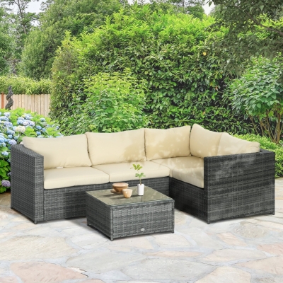 Outsunny 3 Pieces Rattan Wicker Outdoor Conversation Furniture Set w/ Loveseats Coffee Table Cushions for Garden, Patio, Beige