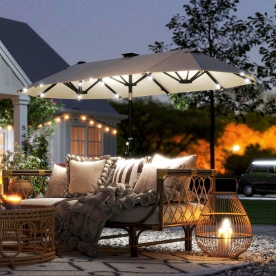 Outsunny 10ft Double-Sided Patio Umbrella with 35 LED Lights, 12 ribs, Extra Large Outdoor Parasol with Twin Canopy, Beige