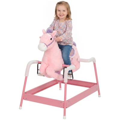 Qaba Kids Pink Plush Rocking Horse with Sounds, Ride-On Toy 3+