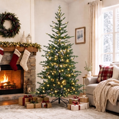HOMCOM 7ft Prelit Sparse Christmas Tree with Downswept Hinges Warm White LED Lights, Green