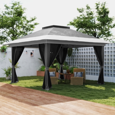 Outsunny 11.7' x 11.7' Pop Up Canopy Tent with Netting, UPF50+ Instant Sun Shelter with Wheeled Carry Bag and Sand Bags