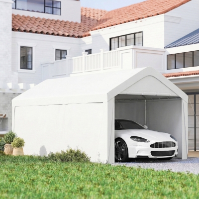 Outsunny Carport, 10 x 20 ft Portable Garage with 2 Roll-Up Doors and Removable Sidewalls for Car, Truck, Boat, White