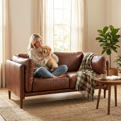 HOMCOM 59" Loveseat Sofa, PU Leather 2 Seater Sofa with Wide Seat, High-Density Foam, Thick Cushion, Wood Legs, Brown