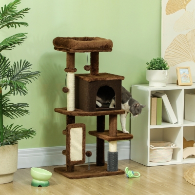 PawHut 41 Inch Cat Tree with Scratching Posts, Cat Bed, Condo, Grooming Brush, Jumping Platforms, Toy Balls, Anti-tip Kit