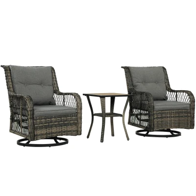 Outsunny 3 Piece Outdoor Bistro Set, Wicker Patio Furniture Set with Swivel Glider Chairs for Balcony, Porch, Grey