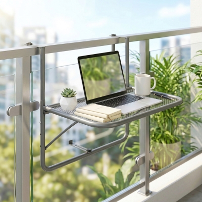 Outsunny Adjustable Balcony Hanging Railing Table, Metal Mounting Mini Wall Desk Storage Rack, Outdoor Flower Stand Serving Table Rectangle, Grey