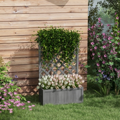 Outsunny Wood Planter with Trellis for Vine Climbing, Raised Garden Bed to Grow Vegetables for Backyard, 28" x 11" x 46", Grey