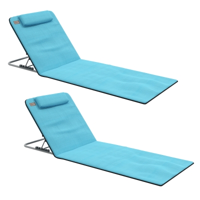Outsunny 2 Pieces Beach Lounge Chair, Outdoor Folding Chaise Lounge Set w/ Pillow for Sunbath, Snap, Blue