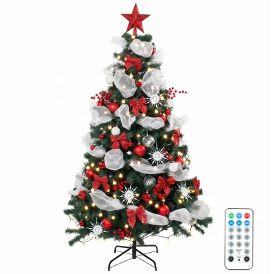 HOMCOM 6ft Prelit Christmas Tree Spruce, Remote, Hinged, Artificial Xmas Tree with 8 Modes, 800 Tips, 200 LEDs, Green Red