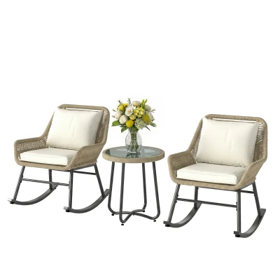 Outsunny 3 Piece Rocking Bistro Set Outdoor Patio Furniture Set with Cushions, Glass Coffee Table for Balcony, Cream White
