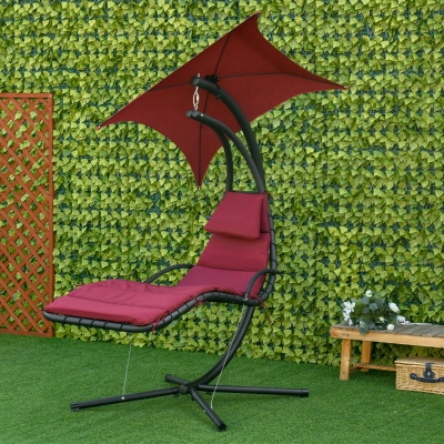Outsunny Outdoor Hammock Chair with Stand, Floating Chaise Lounge Chair with Soft Padded Cushion, Hanging Hammock Swing Reclining Seat with Canopy Umbrella, Wine Red