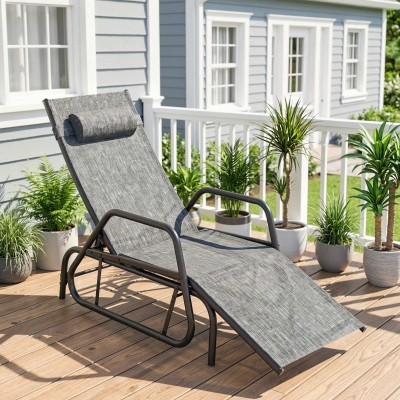 Outsunny Outdoor Glider Lounge Chair, 3-Position Adjustable Tanning Chair Recliner with Headrest for Garden, Yard, Pool, Grey
